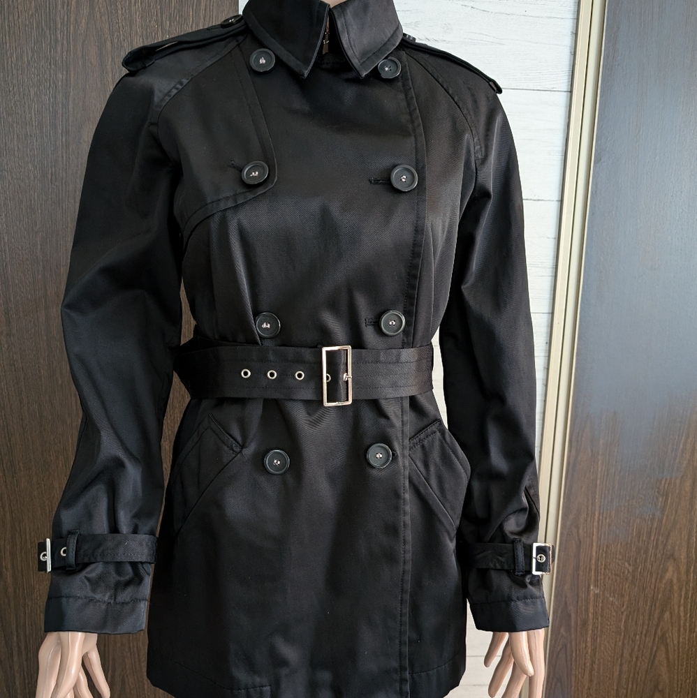 Express belted double breasted black trench coat sz 4